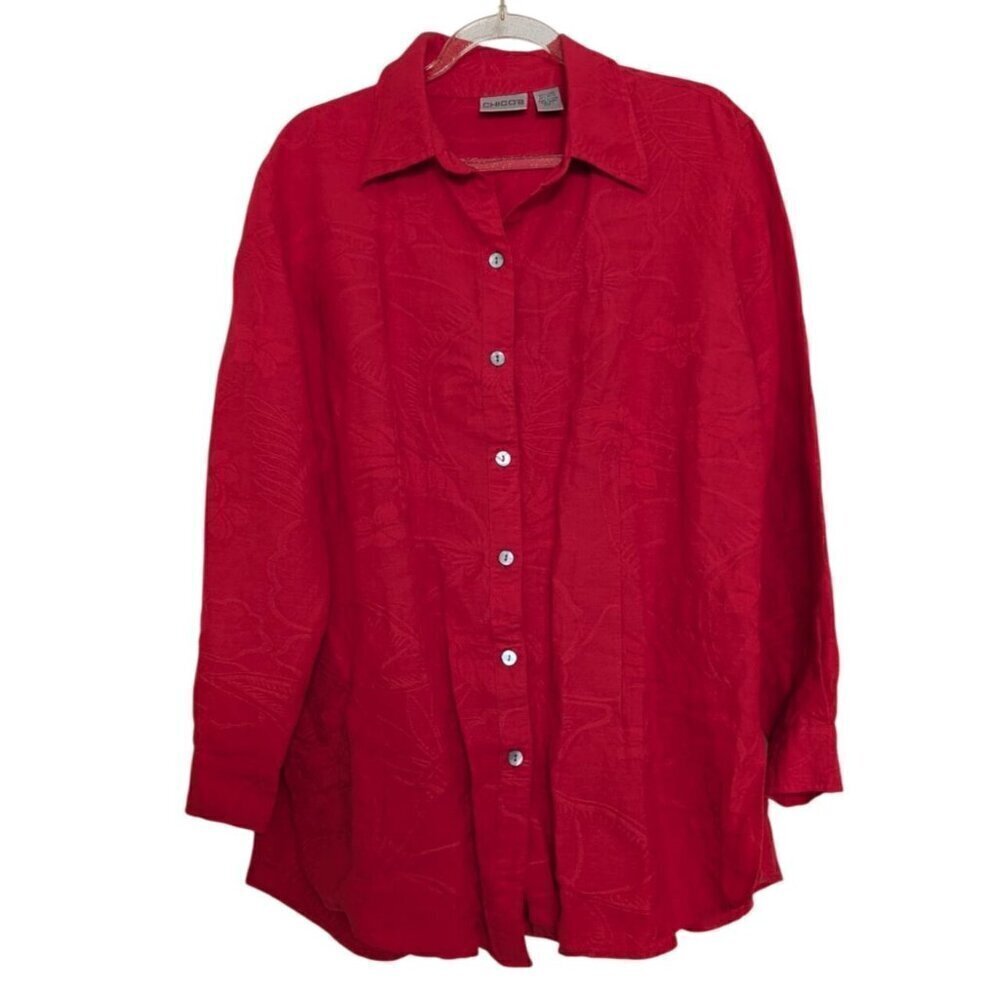 Chicos 1 Floral Linen Blend Shirt Womens Size Medium Red Lightweight Long Sleeve